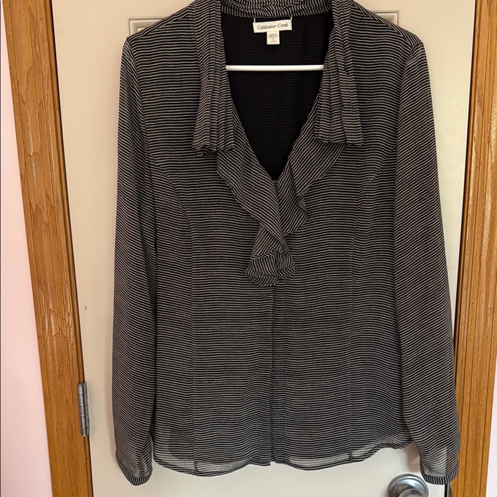 Coldwater Creek Black and White Striped Ruffled Long Sleeve Blouse